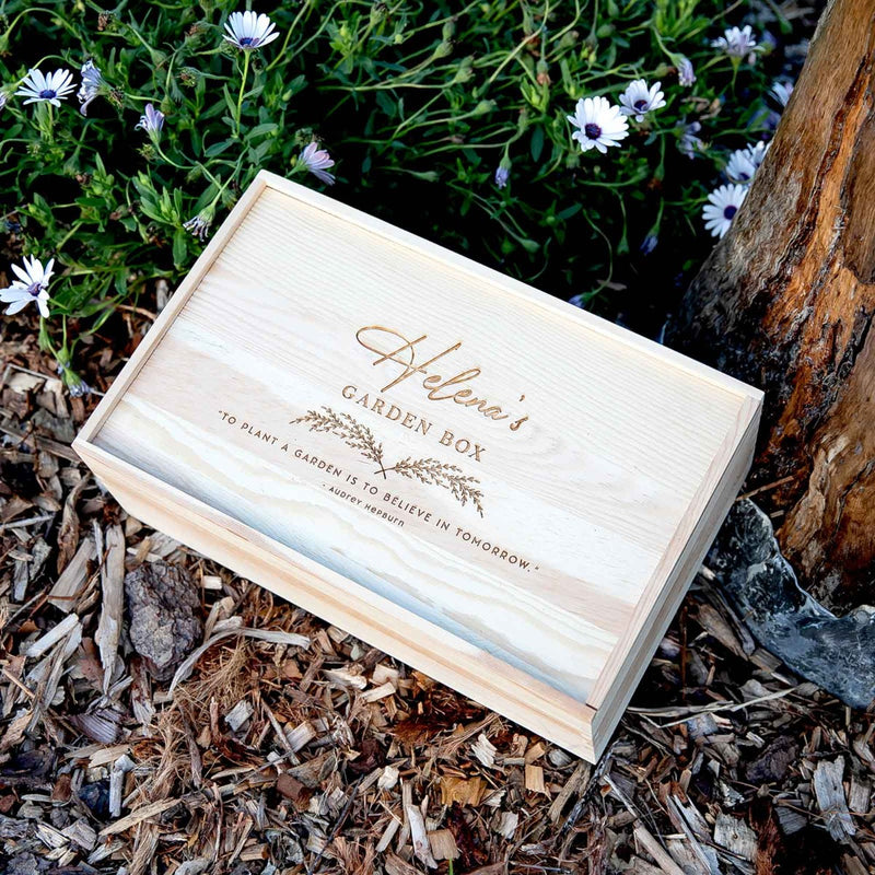 Custom Designed Birthday 3 piece wooden handle garden set in Wooden presentation Box