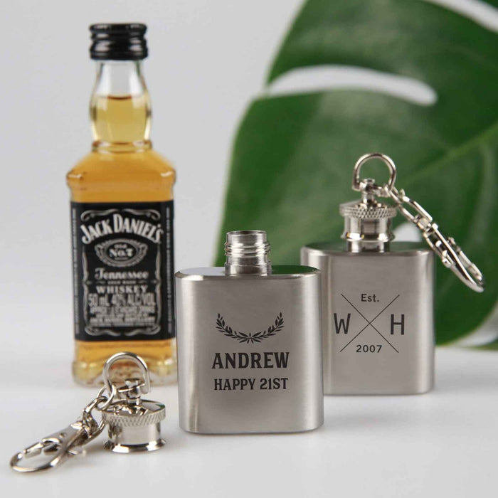 Customised Engraved Name Birthday Silver Hip Flask Mini Keyring