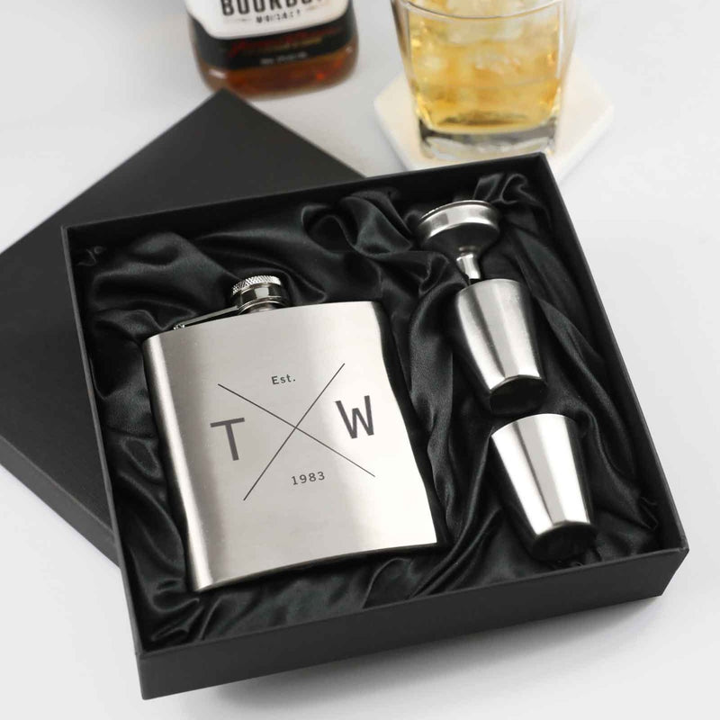 Personalised silver hip flask gift set with black engraving and shot glasses