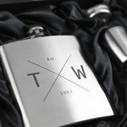 Engraved 6oz silver hip flask with funnel and gift box for milestone birthdays