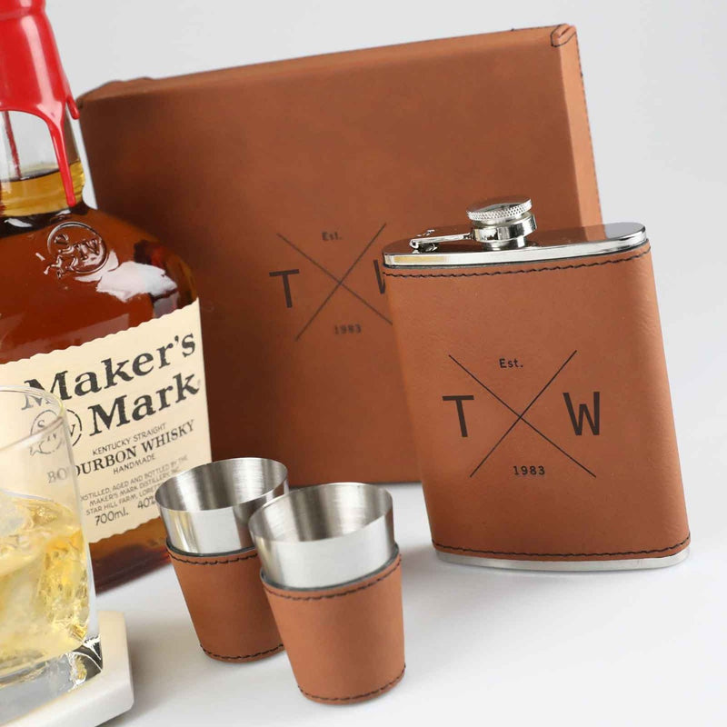 Custom Designed Engraved Tan Leatherette 8oz Hip Flask, Shot Glasses & Presentation Box Birthday Gift