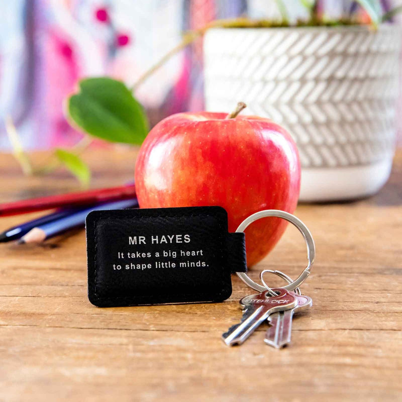 Custom Artwork Engraved Black Leather Rectangle Teacher Christmas Keyring Gift