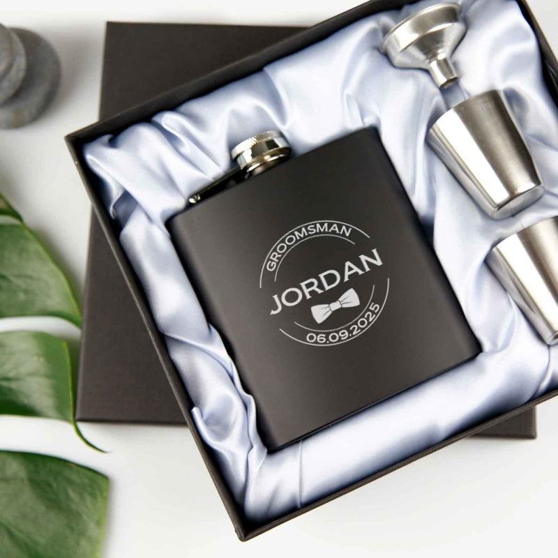 Custom designed engraved groom, best man & groomsmen 6oz Black Hip Flask with Funnel and Shot Glasses