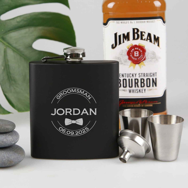 Customised Engraved Name Groomsman Black Hip Flask and Shot Glass