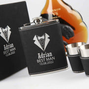 Custom designed engraved groom, groomsman, best man gift Black Leatherette Hip Flask Set including 2 shot glasses
