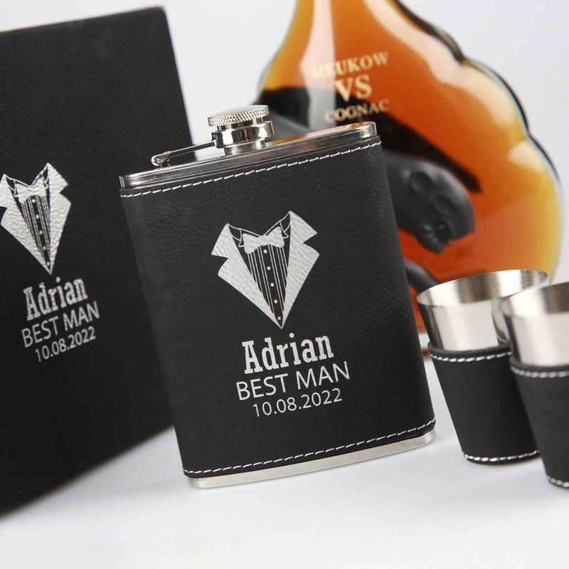 Custom designed engraved groom, groomsman, best man gift Black Leatherette Hip Flask Set including 2 shot glasses