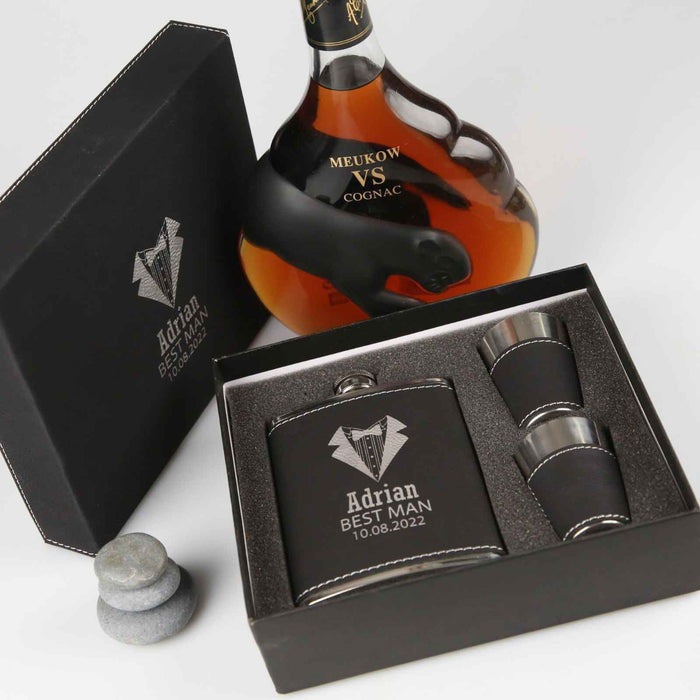 Customised engraved bridal party gift Black Leatherette Hip Flask Set including 2 shot glasses