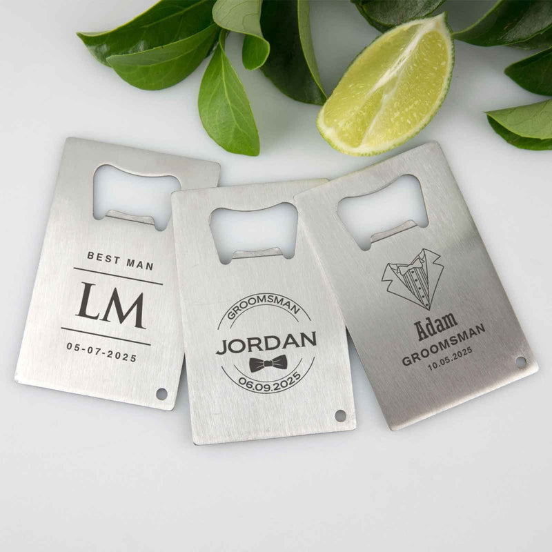 Custom Artwork Engraved Groom, Best Man, Groomsman Credit Card Bottle Opener Bomboniere