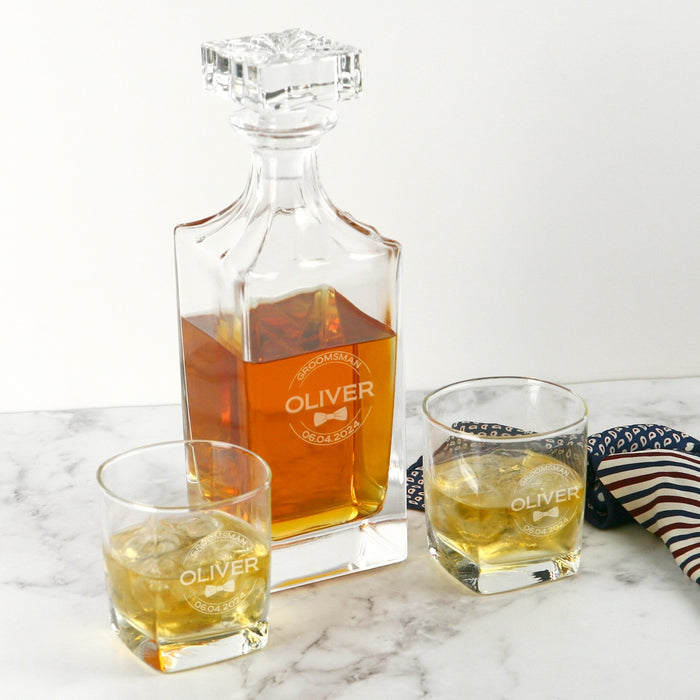 Personalised Engraved Groomsman Square Decanter with Scotch Glasses present