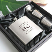 Engraved personalised silver groom, groosman & best man 6oz hip flask with funnel and shot glasses presented in a silk lined box