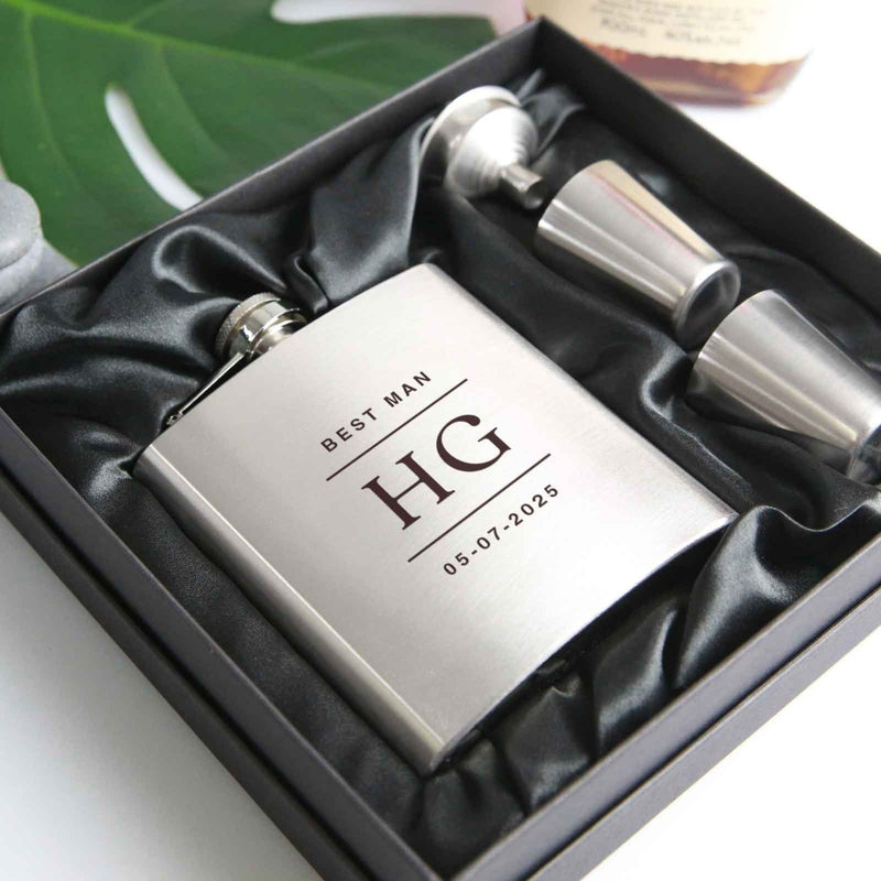 Engraved personalised silver groom, groosman & best man 6oz hip flask with funnel and shot glasses presented in a silk lined box