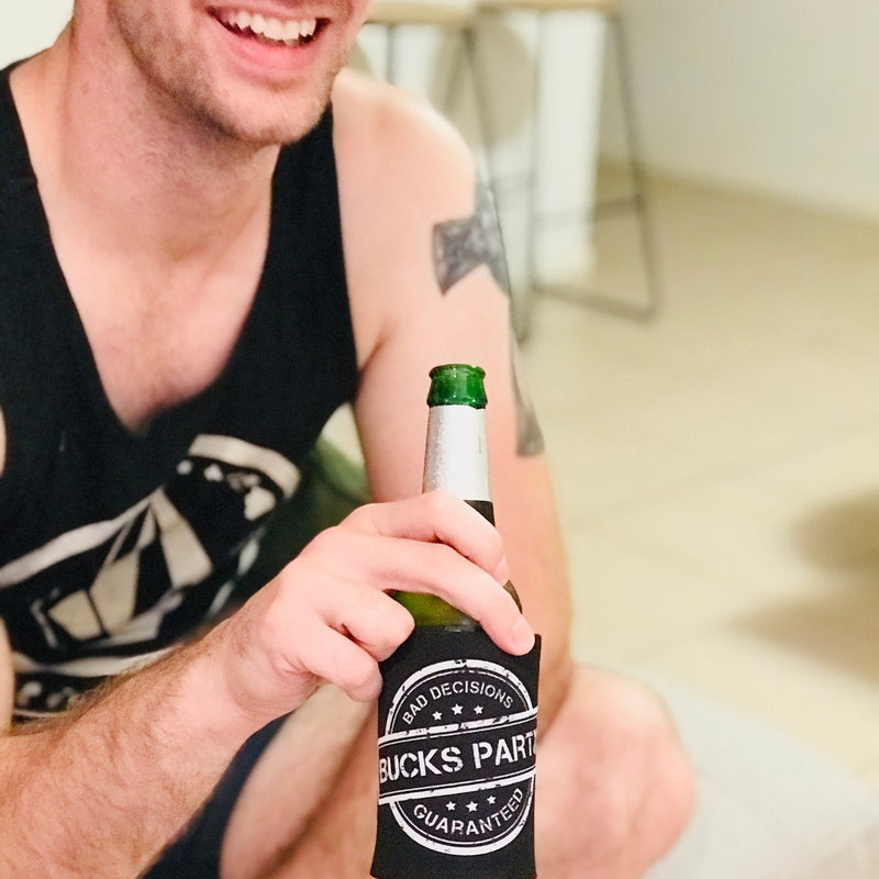 White Printed Black Bucks Party "Bad Decisions Guaranteed" Stubby Holders