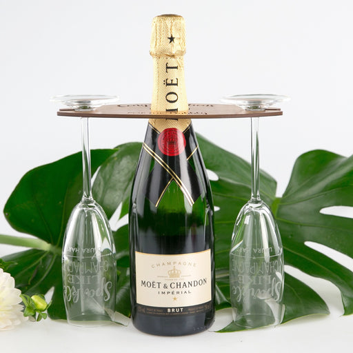 Personalised Engraved Wooden Corporate Champagne Butler Set with Two Champagne Glasses Client Gift