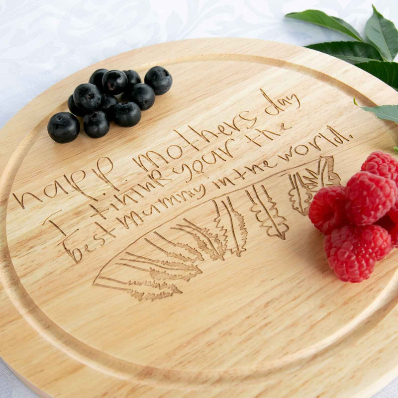 Customised Engraved Natural Wooden Round Cheese Board With Child Artwork Drawing Engraved Birthday Present
