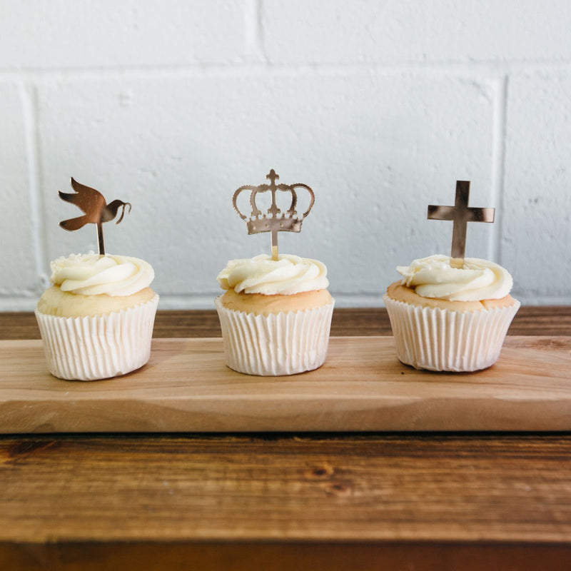 Personalised Laser Cut Gold Acrylic Baby Christening Cupcake Toppers- Dove, Crown, Cross