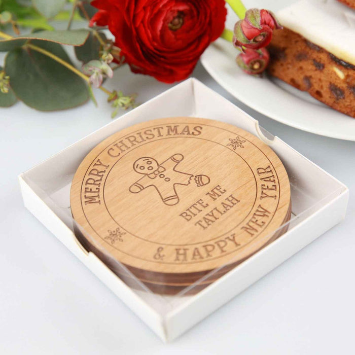 Custom Designed Engraved 4 Piece Christmas Wooden Coaster Set Present