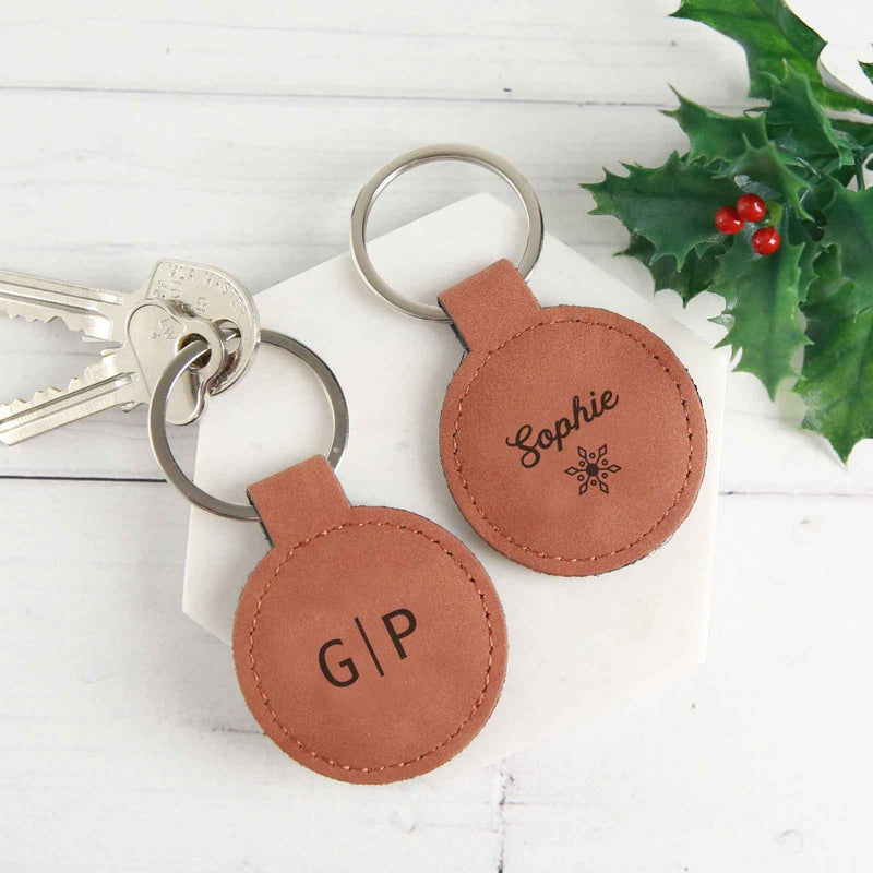 Personalised Engraved Christmas Tan Leatherette Keyring present