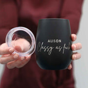 Custom Designed Engraved Matte Black humerus inappropriate stemless wine glass with lid