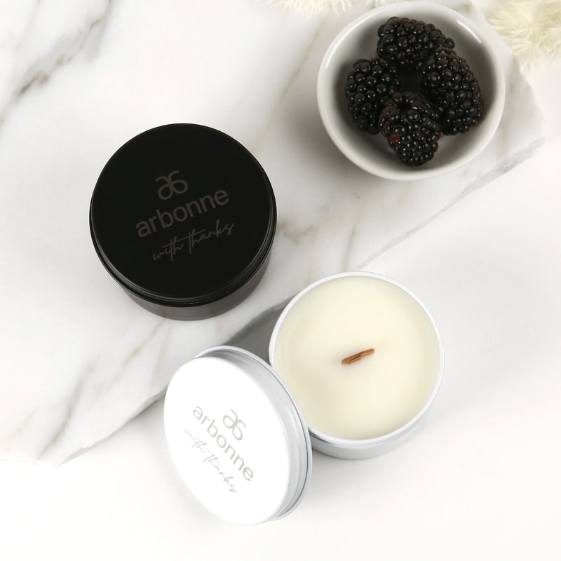 Custom Artwork Engraved Company Wood Wick Black or White Soy Candle Tin Corporate or Client Promotional Gift