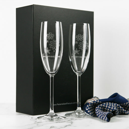 Personalised Engraved Corporate Premium European Champagne Glasses Flutes Black Gift Box Client Gift