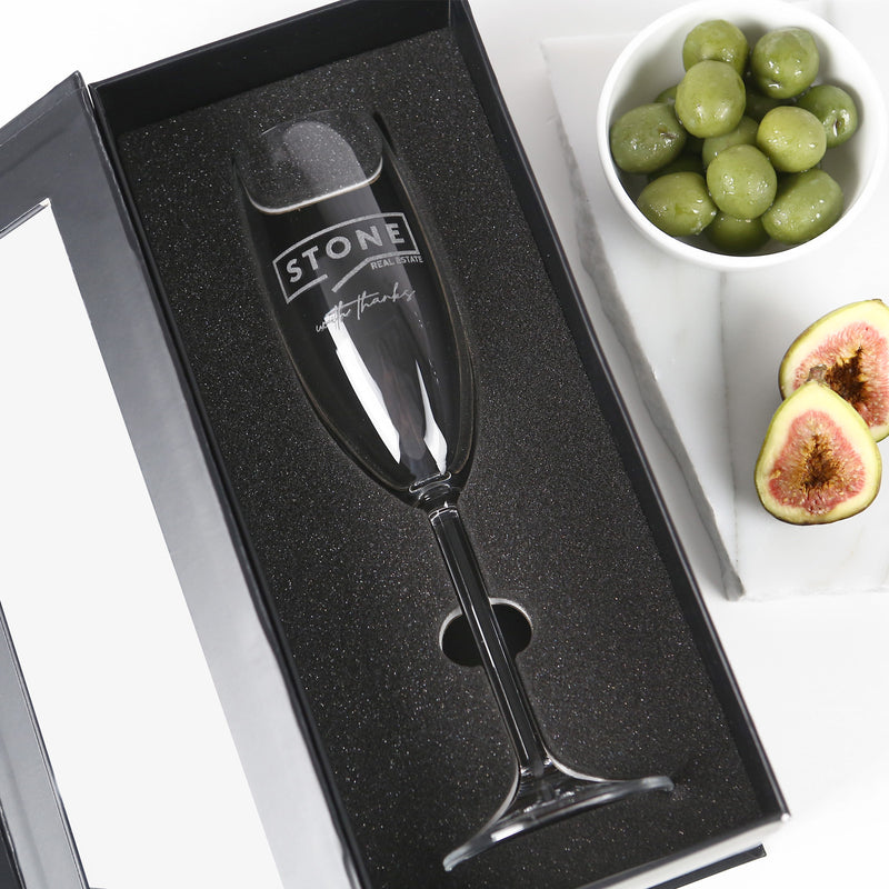 Custom Designed Engraved Company Logo 195ml Premium European Champagne flutes Glasses Black Gift Box Corporate or Client promotional Gift