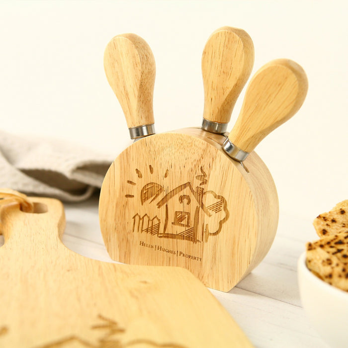 Engraved company logo on cheese knife block Set and include matching wooden paddle board