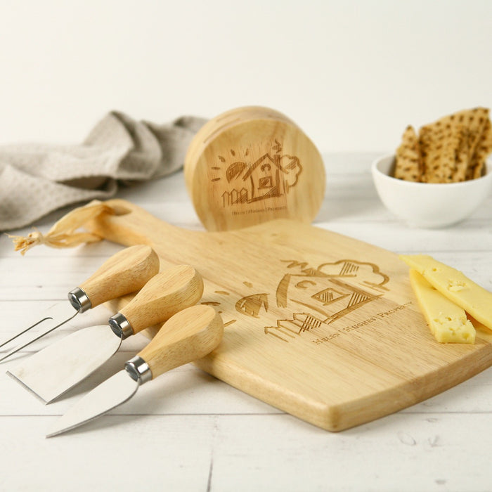 Custom Designed Engraved Corporate Logo One Wooden Cheese Paddle Board and Complimentary Cheese Knife Set