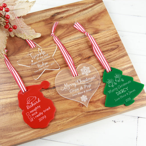 Customised Engraved Clear Star, Frosted Heart, Red Santa, Green Christmas Tree Acrylic Christmas Decorations Gift