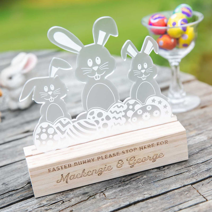 Customised Personalised Frosted Easter Bunny Sign with Engraved Wooden Base