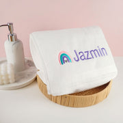 Custom Artwork Embroidered Name White Bath Towel Kids Rainbow