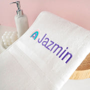 Custom Embroidered Name White Bath Towel Kids Rainbow