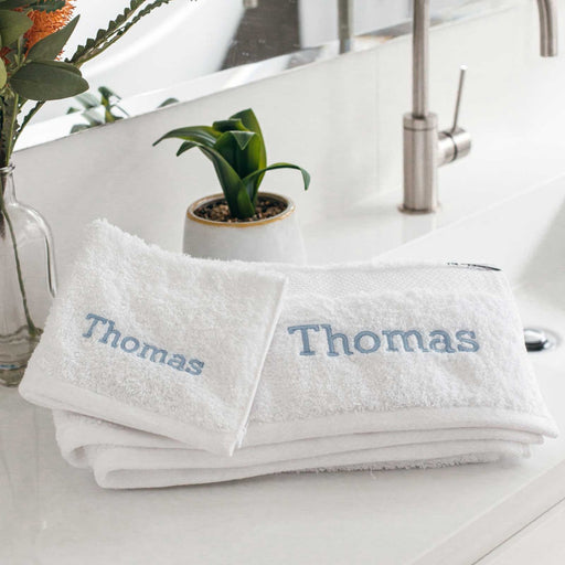 Embroidered White Bath Towel and Face Washer Set – Block Font
