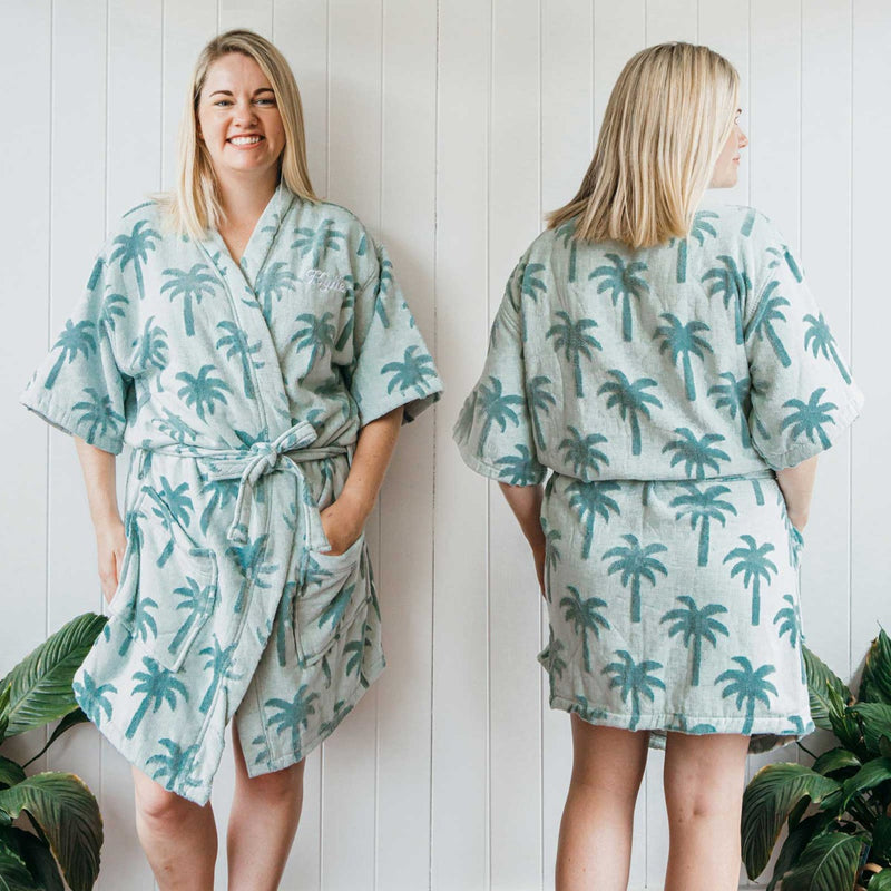 Personalised Embroidered Name Green Surf Palm Tree Robe