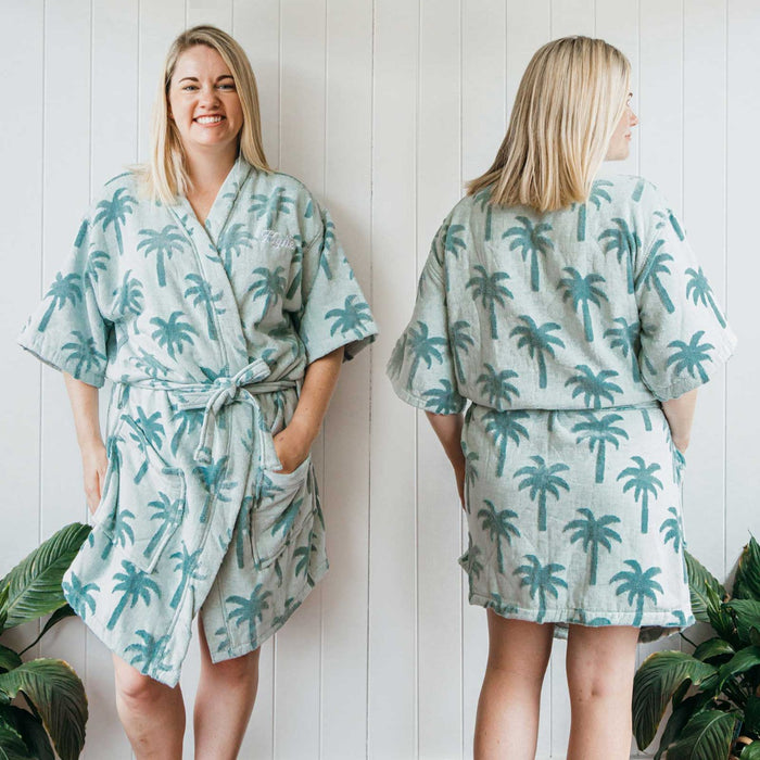 Personalised Embroidered Name Green Surf Palm Tree Robe