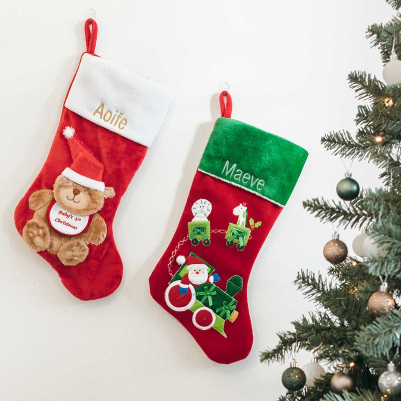 Customised Embroidered Name Bear and Train First Christmas Stocking