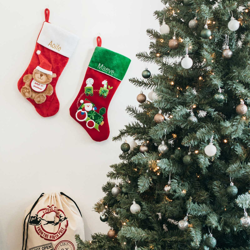 Personalised Embroidered Name Bear & Train Red & Green Christmas Stocking