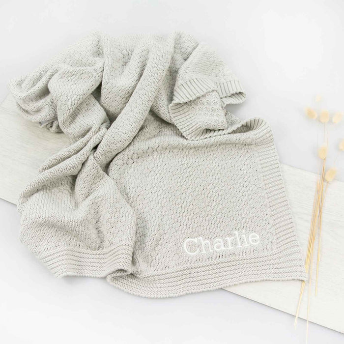 Customised Embroidered Name Cotton Knitted Grey Baby Blanket Baby Shower