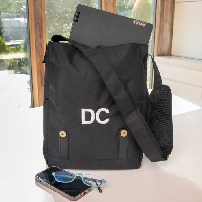 Customised Embroidered Initials Black 15” Laptop Crossbody Messenger Bag