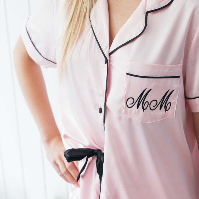 Custom Embroidered Monogrammed Pink Satin Short Sleeve Pyjama Set Christmas Gift