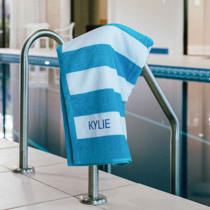 Customised Embroidered Name Teal & White Striped Cotton Terry Beach Towel Christmas Present