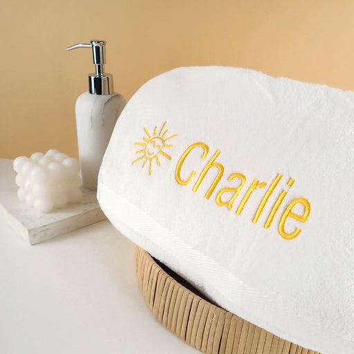 Personalised Embroidered Sun White Bath Towel Kids Present