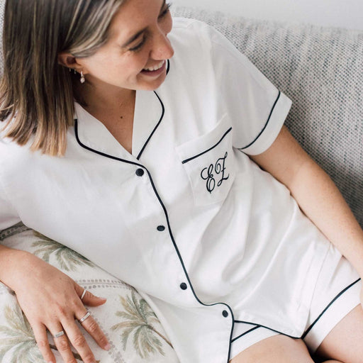 Personalised Embroidered White Satin Short Sleeve Pyjama Set Christmas Gift