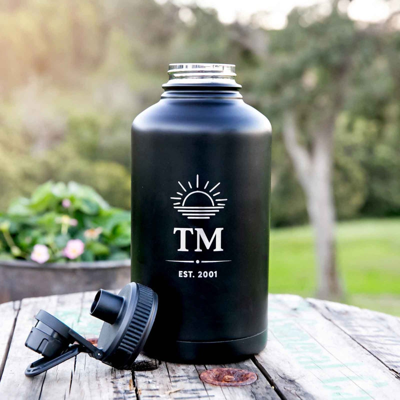 Custom Artwork Engraved Name Initials Black Stainless Steel Insulated Water Bottle