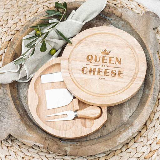 Customised Engraved "Queen of Cheese" Circle Serving Board and Cheese Knife Set Birthday Gift