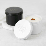 Customised Engraved Birthday Wood Wick Soy Candle Black or White Tin Present
