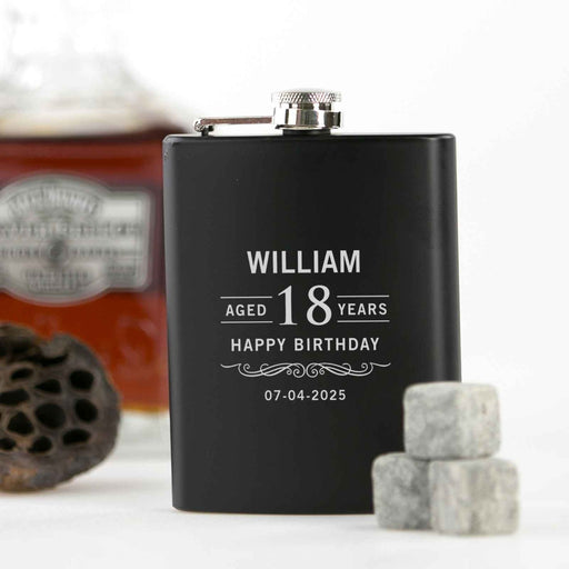 Custom Designed Engraved Milestone Birthday Black Hip Flask Present