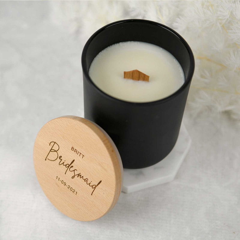Customised Engraved Bridesmaid Black Wood Wick Soy Candle with Wooden Wedding Favour