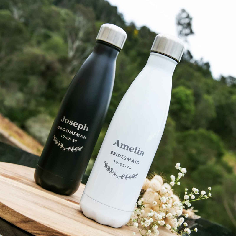custom designed engraved bridal party white and black drink bottles