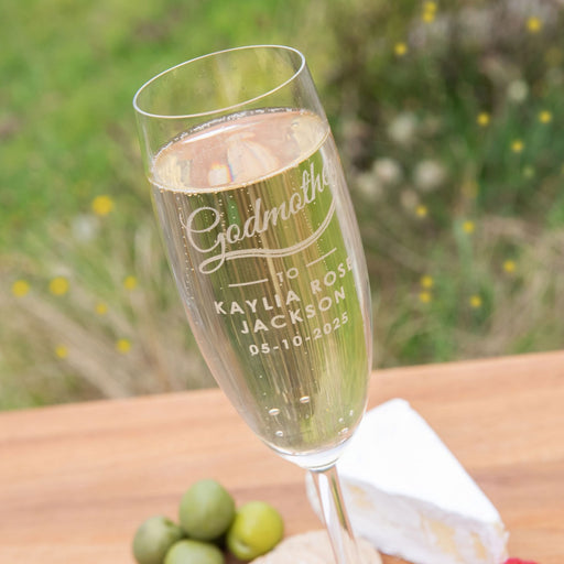 Personalised Engraved Godmother Champagne Glass Present for Christenings, Naming Days and Baptisms