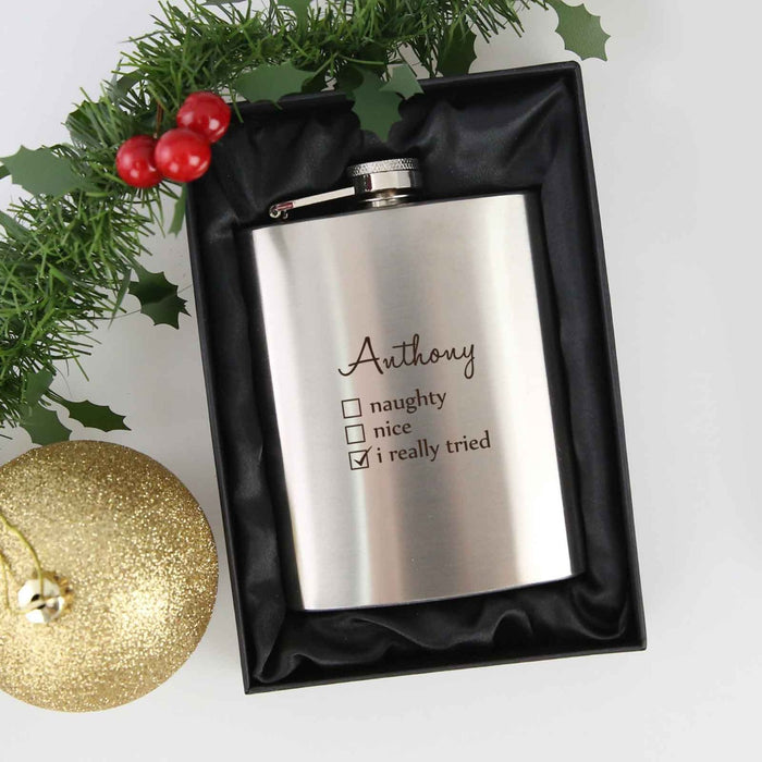 Personalised Engraved Eat Drink & Be Merry Christmas Silver Hip Flask Present in silk lined box